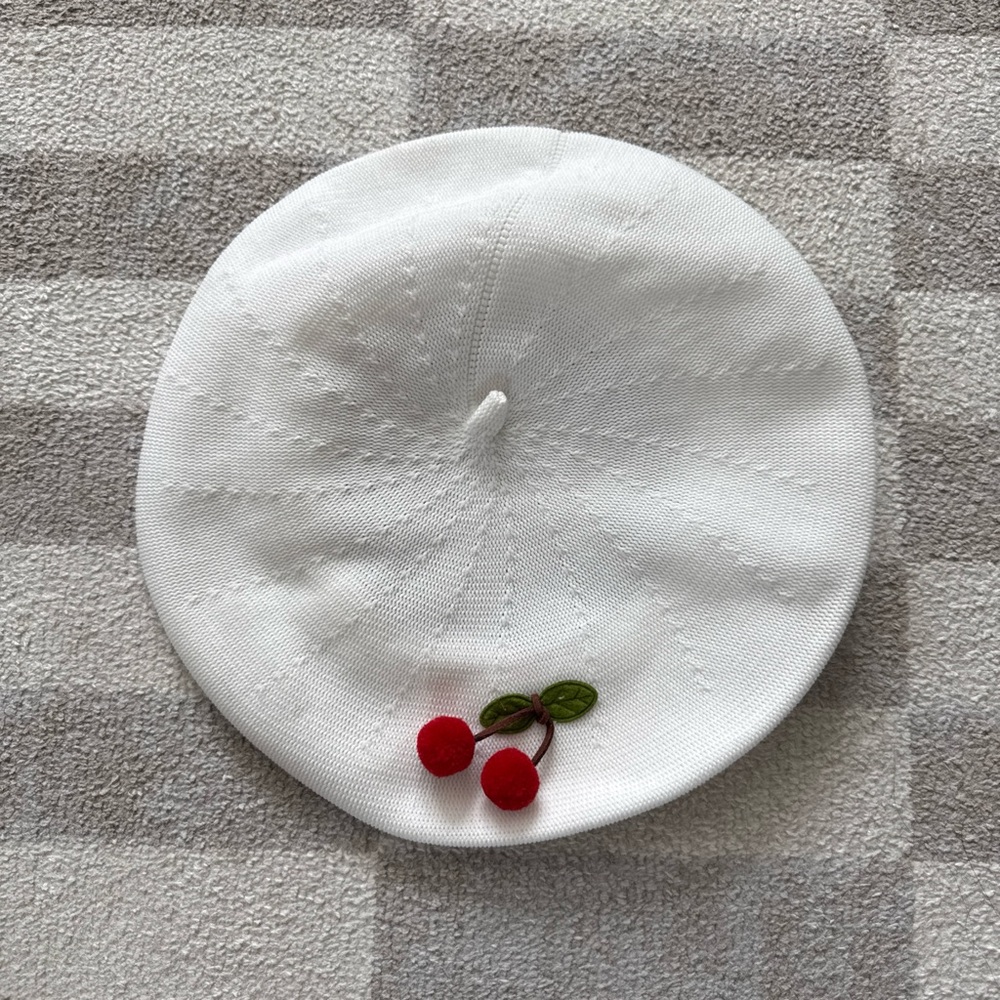 White Beret with Cherry Embellishment